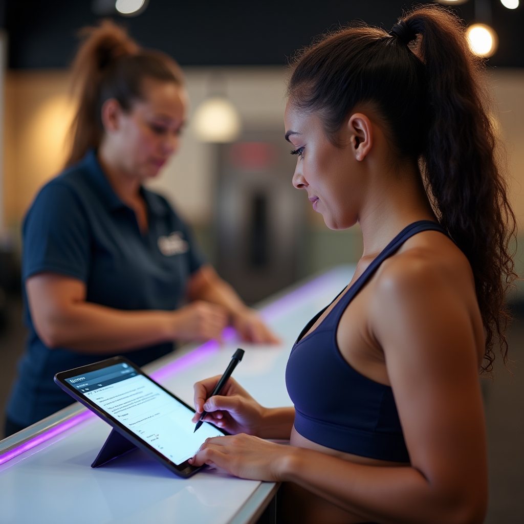 Member signing a digital waiver on a tablet at a gym reception desk, completing the sign-up process