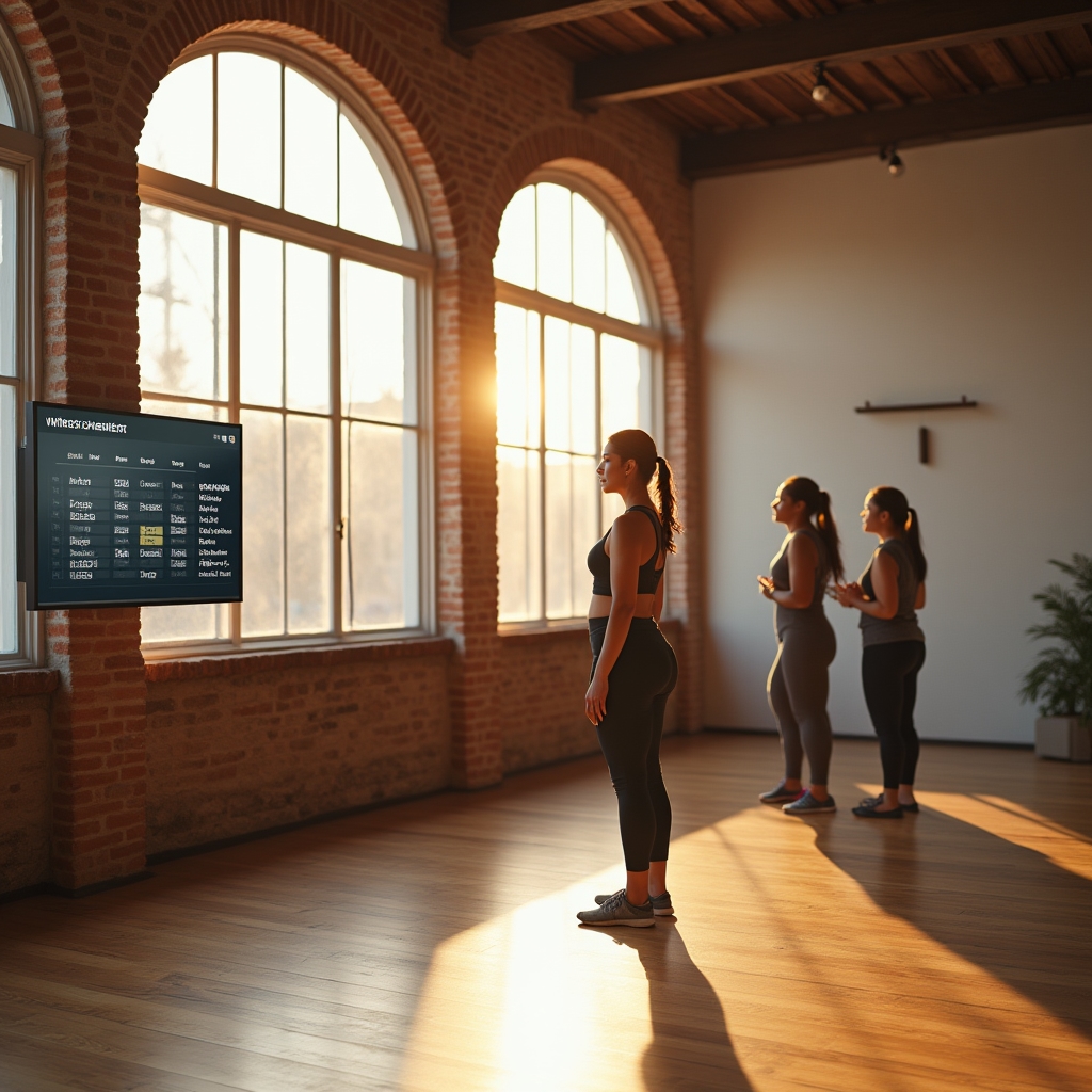 Fitness studio with members booking classes on a digital scheduling board
