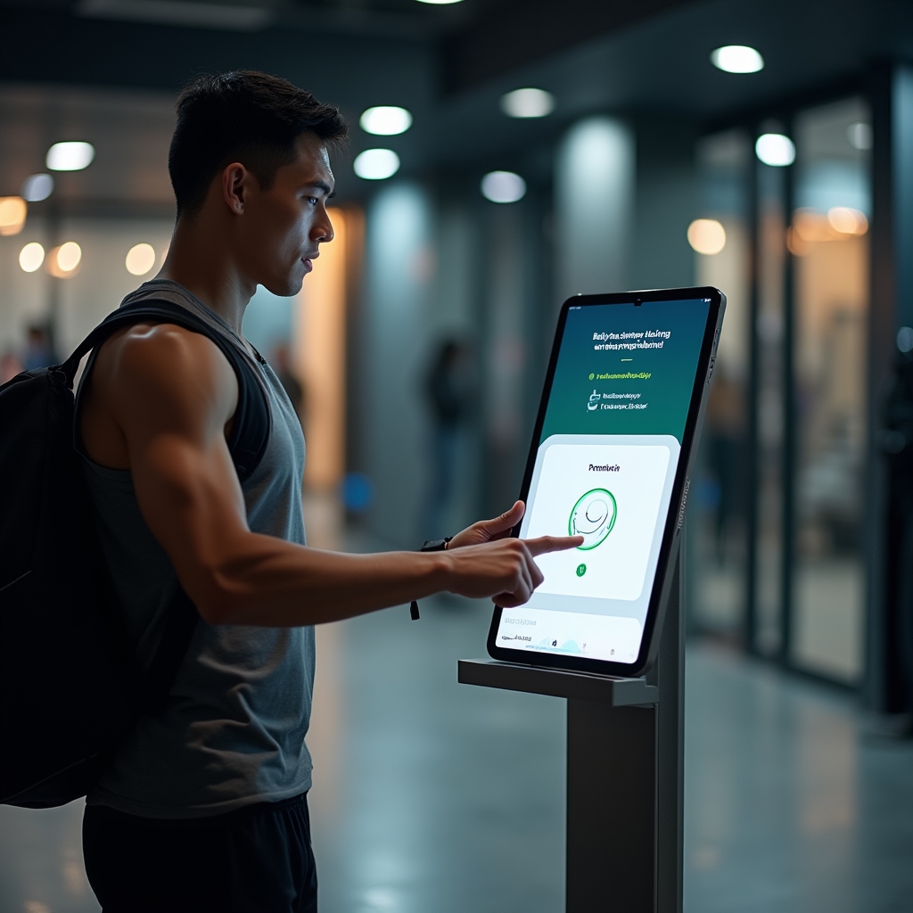 Member check-in kiosk at a modern gym facility